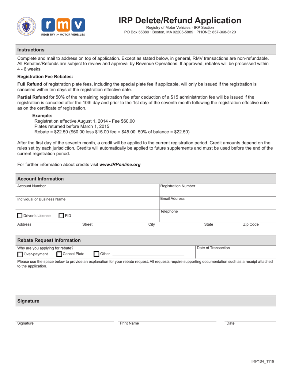 Form IRP104 Irp Delete / Refund Application - Massachusetts, Page 1