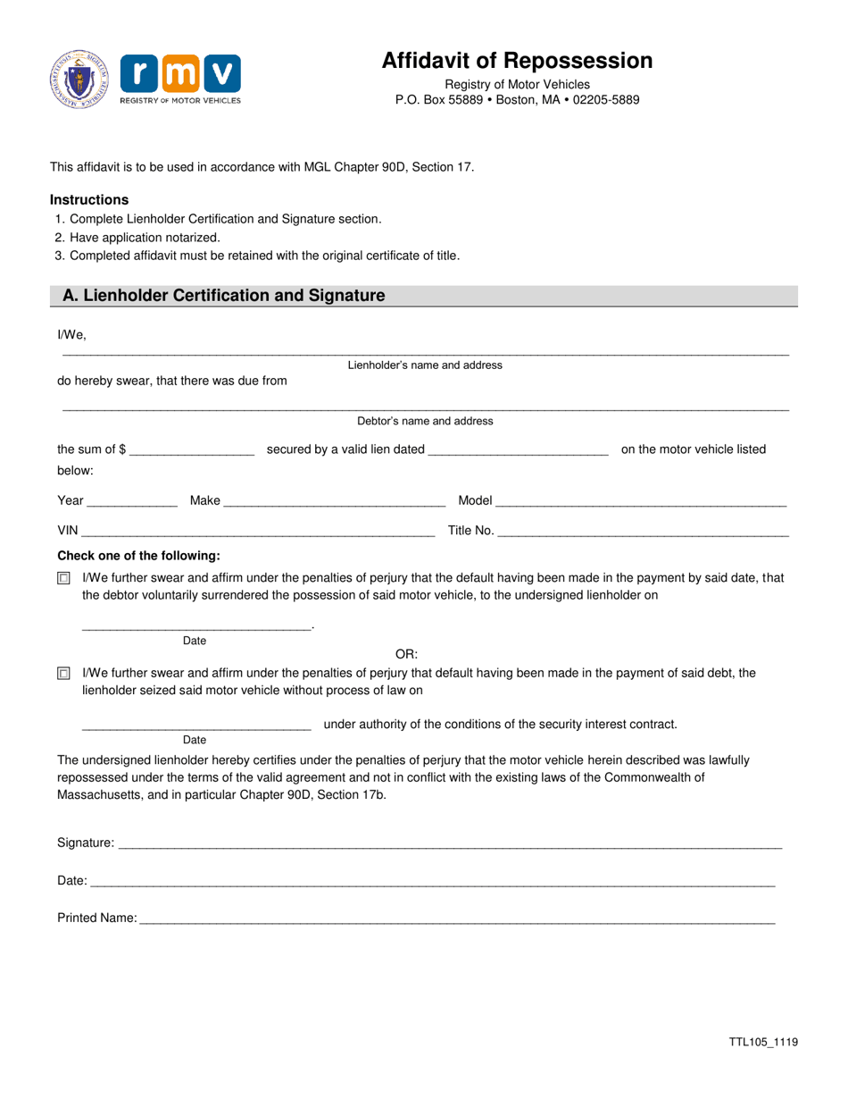 Form TTL105 Affidavit of Repossession - Massachusetts, Page 1