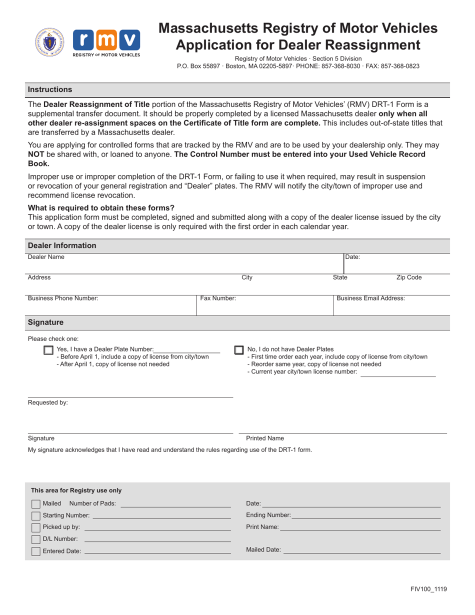 Form FIV100 Application for Dealer Reassignment - Massachusetts, Page 1