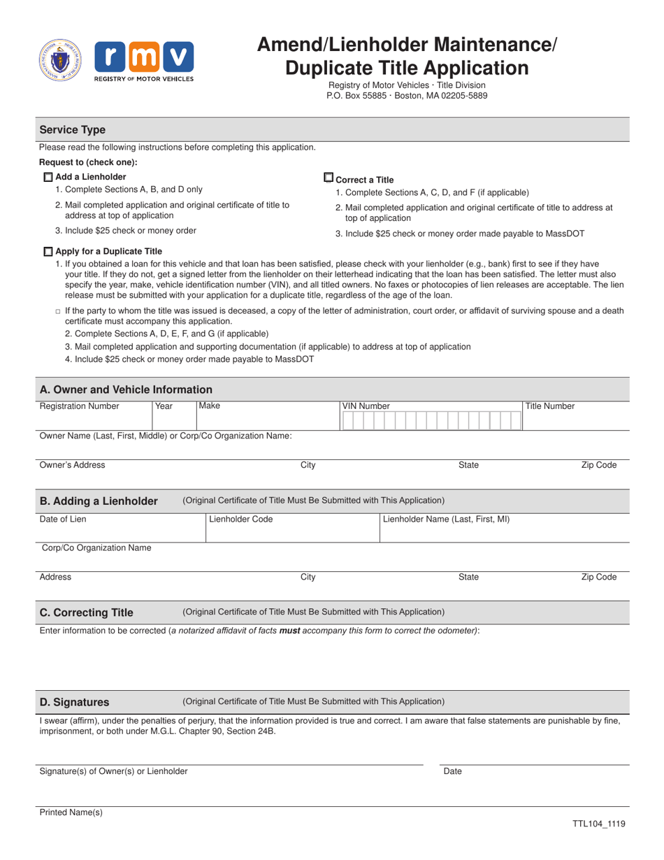 Form TTL104 Amend / Lienholder Maintenance / Duplicate Title Application - Massachusetts, Page 1
