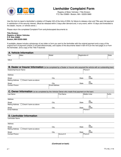Form TTL100 Lienholder Complaint Form - Massachusetts