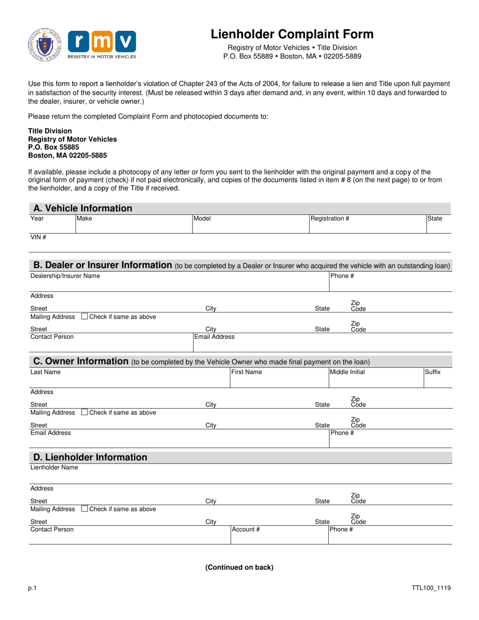 Form TTL100 Lienholder Complaint Form - Massachusetts, Page 1