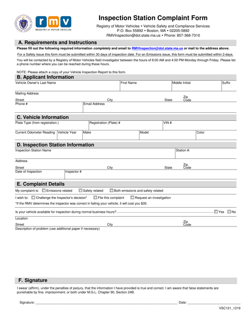 Form VSC121 Inspection Station Complaint Form - Massachusetts
