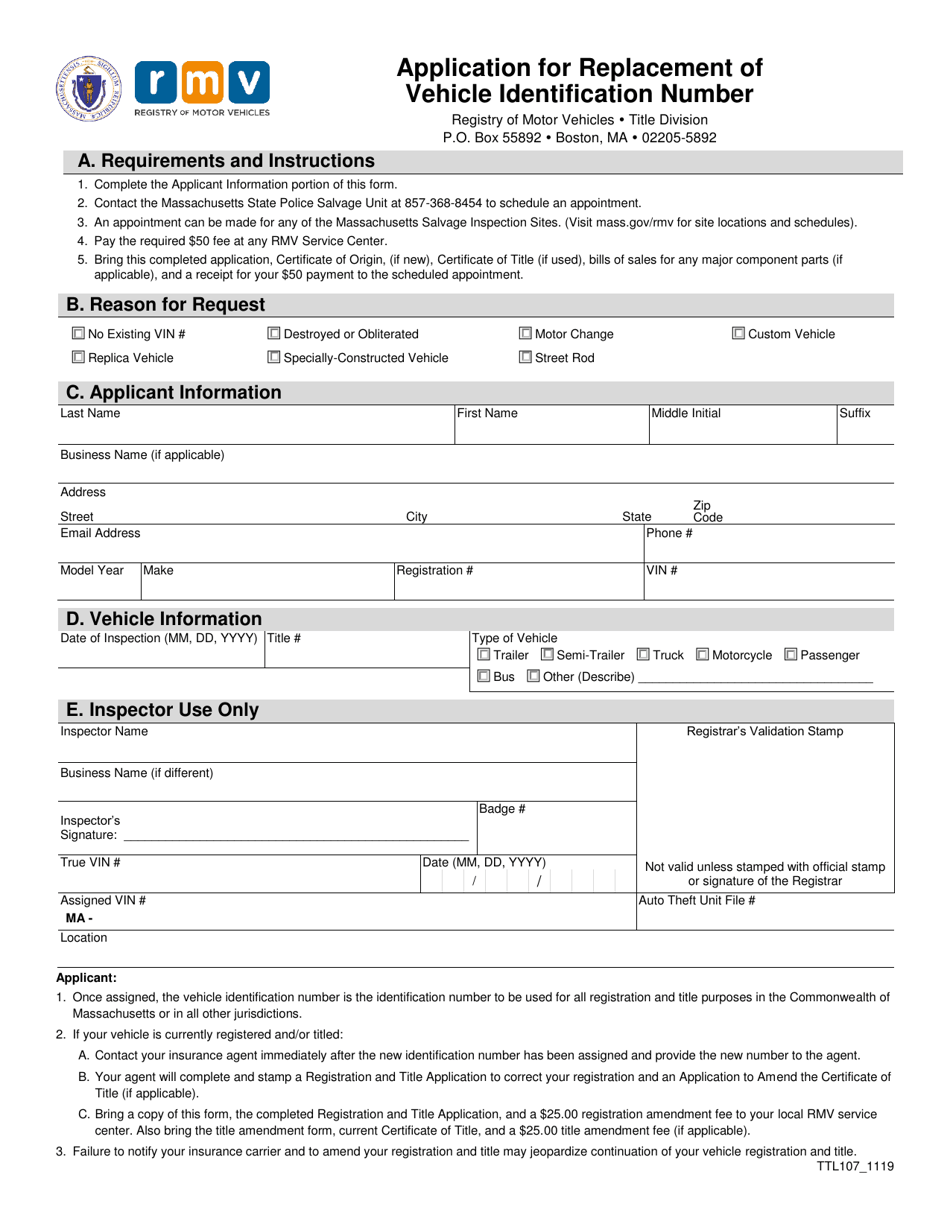Form TTL107 Application for Replacement of Vehicle Identification Number - Massachusetts, Page 1
