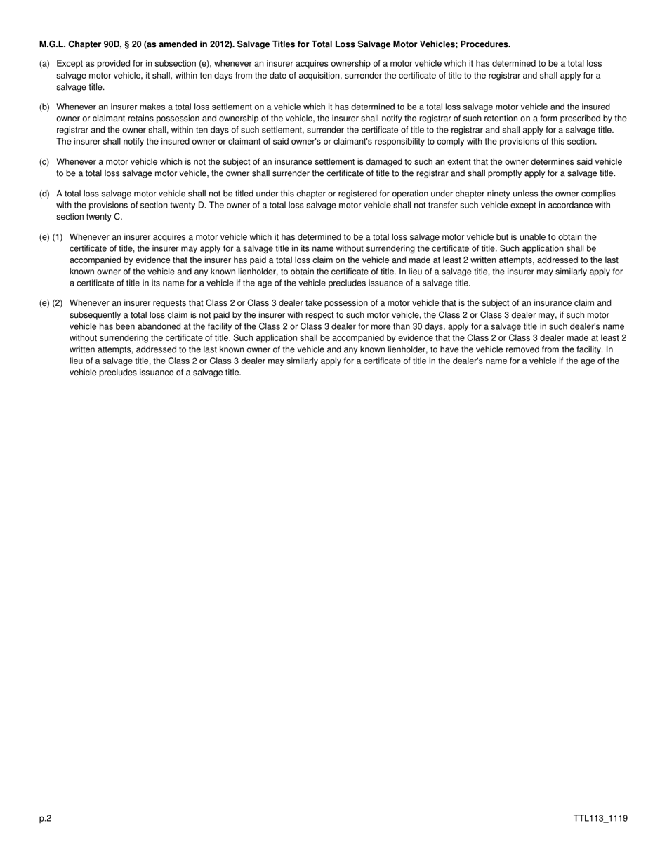 Form TTL113 Affidavit in Lieu of Certificate of Title for Salvage Vehicle - Massachusetts, Page 2