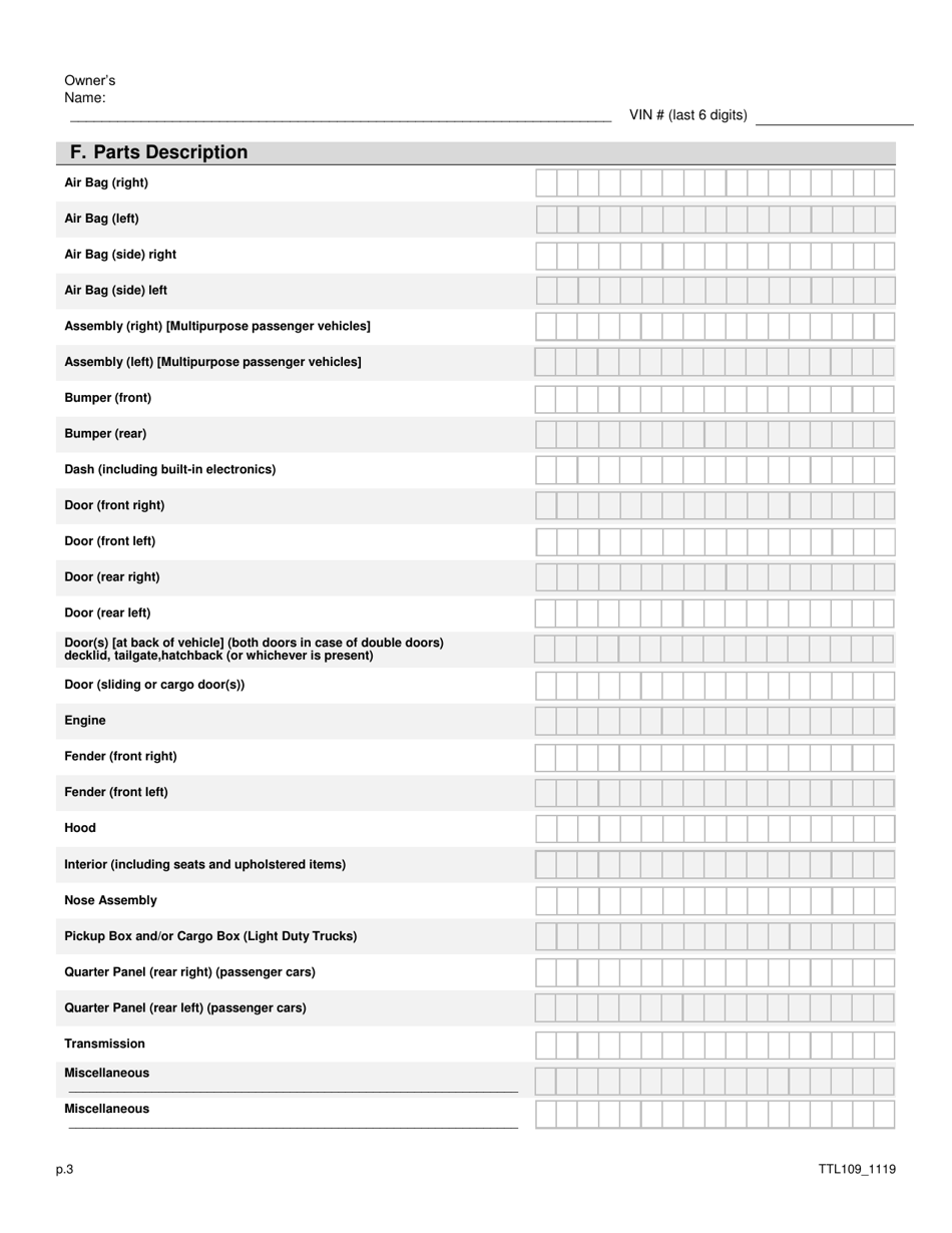 Form TTL109 Application for Inspection of a Salvaged Motor Vehicle - Massachusetts, Page 3