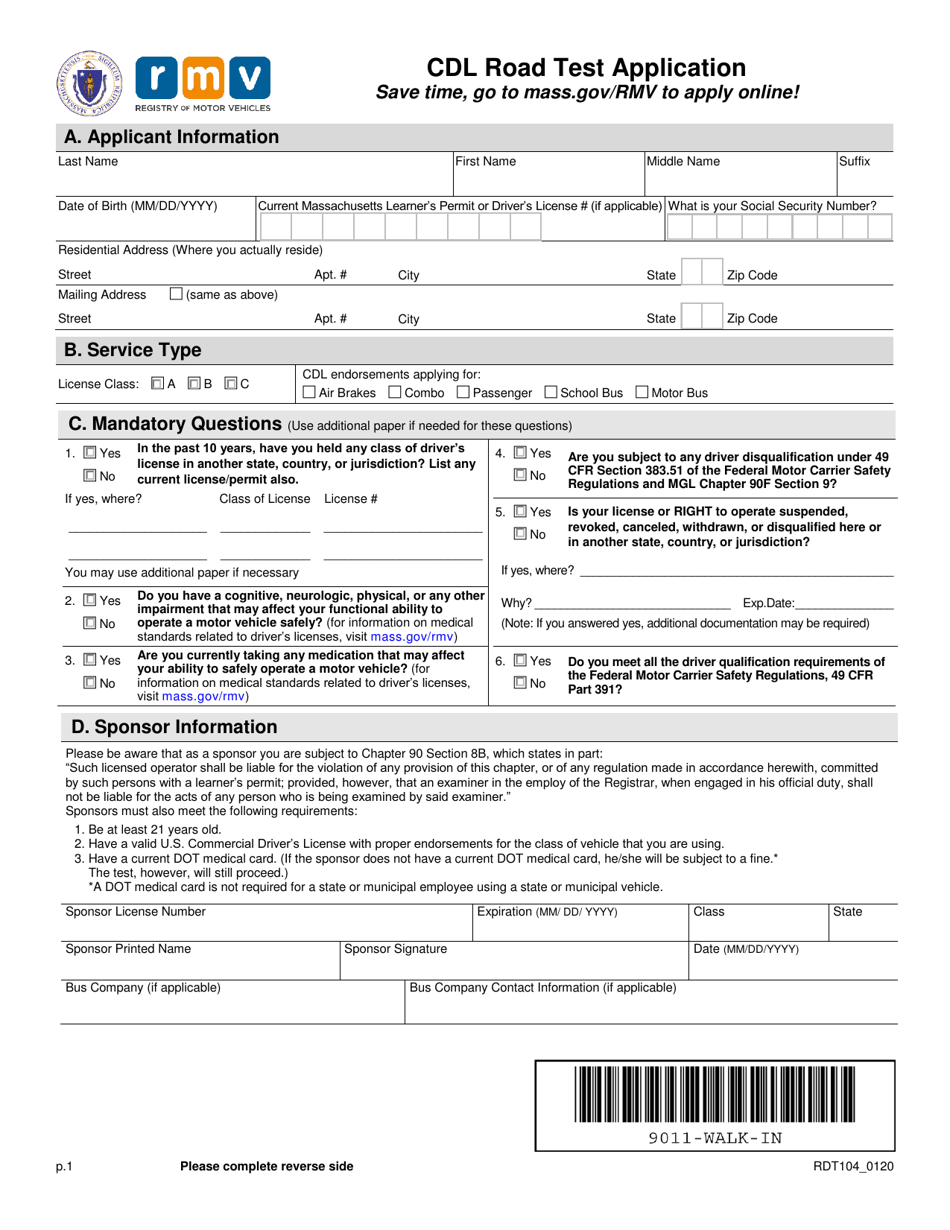 Form RDT104 Cdl Road Test Application - Massachusetts, Page 1
