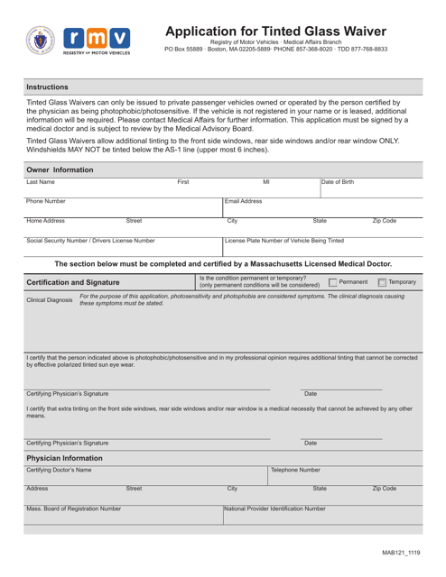 Form MAB121 Application for Tinted Glass Waiver - Massachusetts