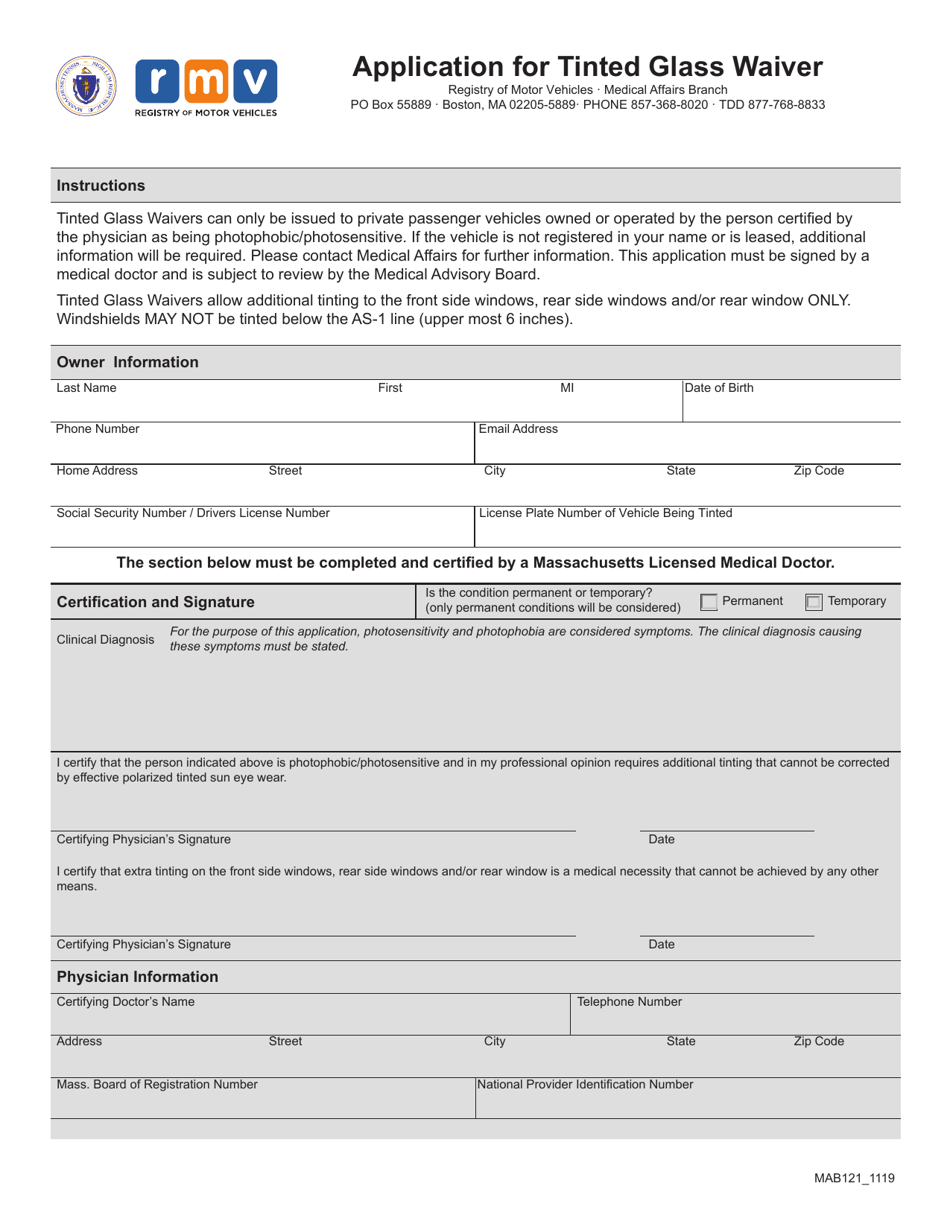 Form MAB121 Application for Tinted Glass Waiver - Massachusetts, Page 1
