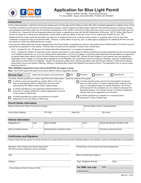 Form ENF101 Application for Blue Light Permit - Massachusetts