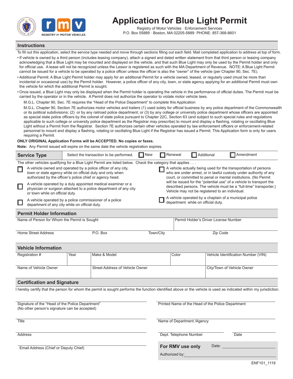 Form ENF101 Application for Blue Light Permit - Massachusetts, Page 1