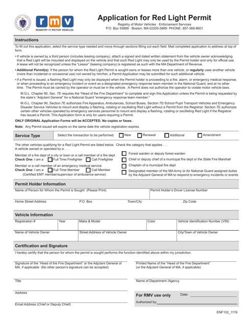 Form ENF102 Application for Red Light Permit - Massachusetts