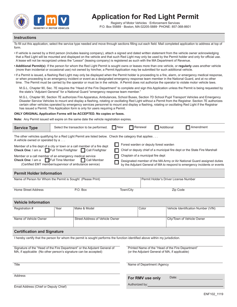 Form ENF102 Application for Red Light Permit - Massachusetts, Page 1