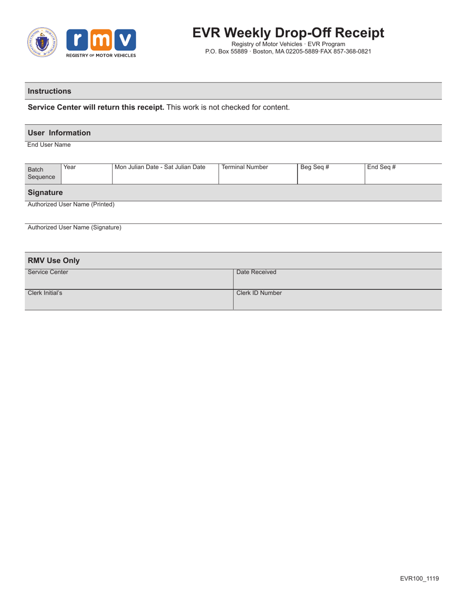 Form EVR100 Evr Weekly Drop-Off Receipt - Massachusetts, Page 1