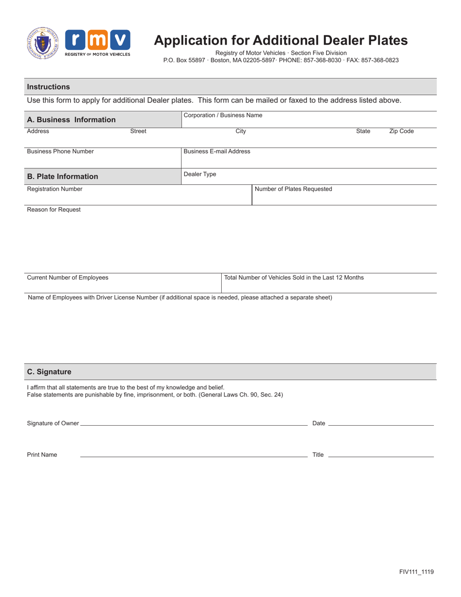 Form FIV111 Application for Additional Dealer Plates - Massachusetts, Page 1