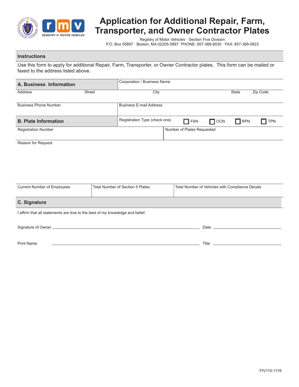 Form FIV110 Application for Additional Repair, Farm, Transporter, and Owner Contractor Plates - Massachusetts, Page 1