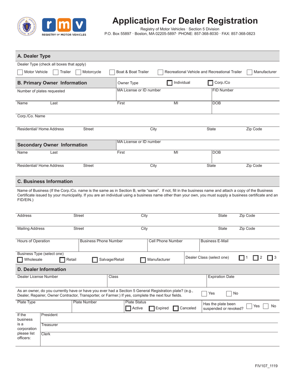 Form FIV107 Application for Dealer Registration - Massachusetts, Page 2