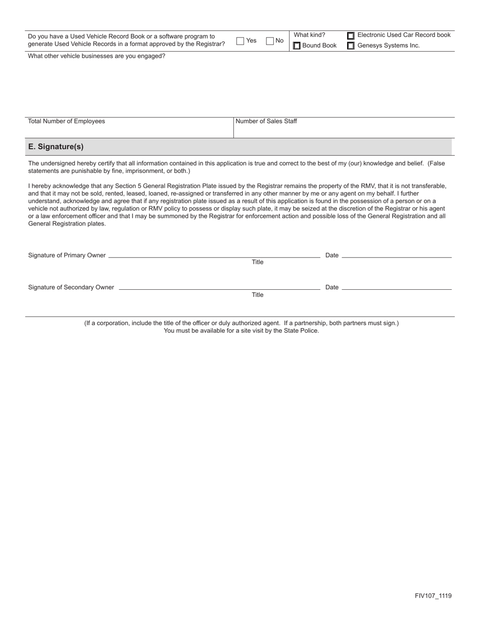 Form FIV107 Application for Dealer Registration - Massachusetts, Page 3