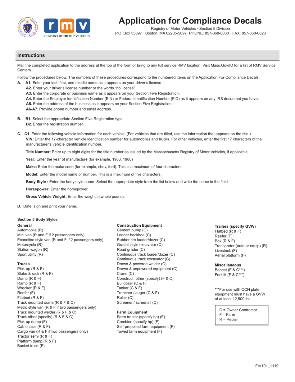 Form FIV101 Application for Compliance Decals - Massachusetts, Page 1
