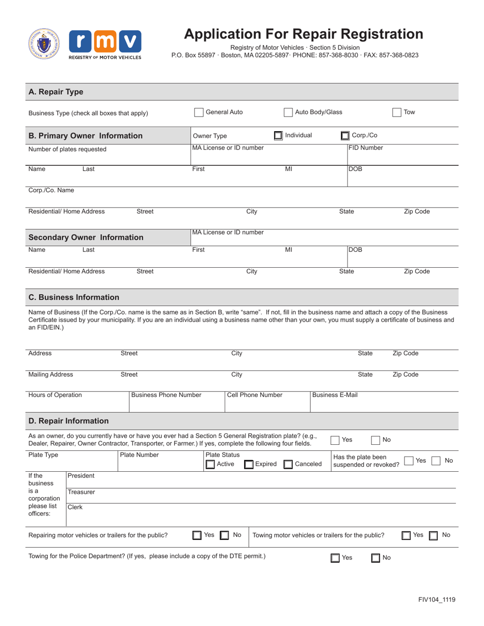 Form FIV104 Application for Repair Registration - Massachusetts, Page 2
