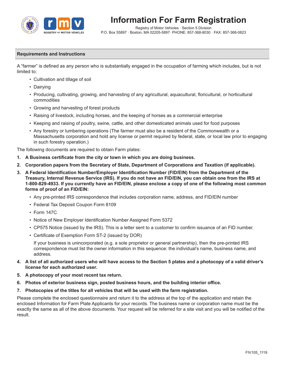 Form FIV105 Application for Farm Registration - Massachusetts, Page 1