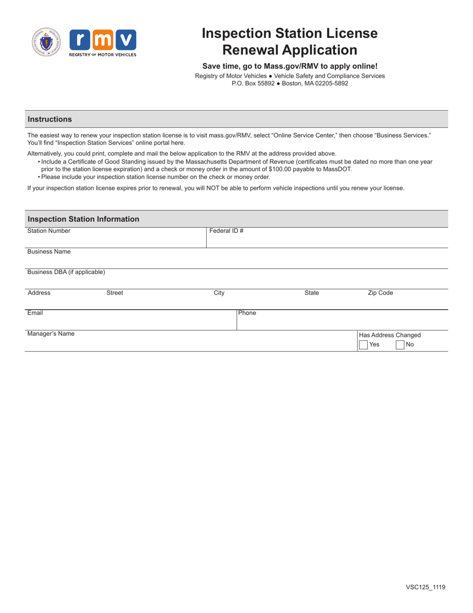 Form VSC125 Inspection Station License Renewal Application - Massachusetts, Page 1
