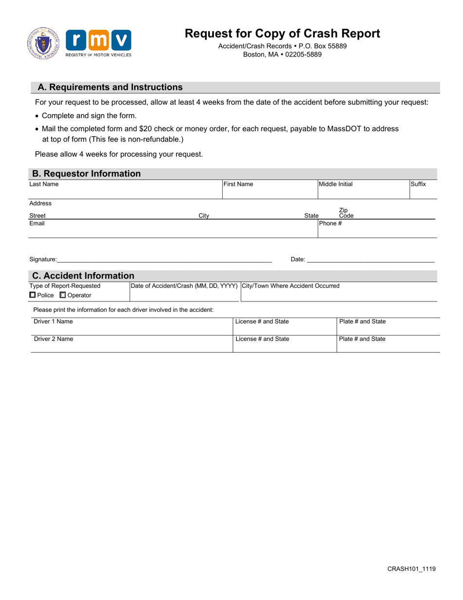 Form CRASH101 Request for Copy of Crash Report - Massachusetts, Page 1
