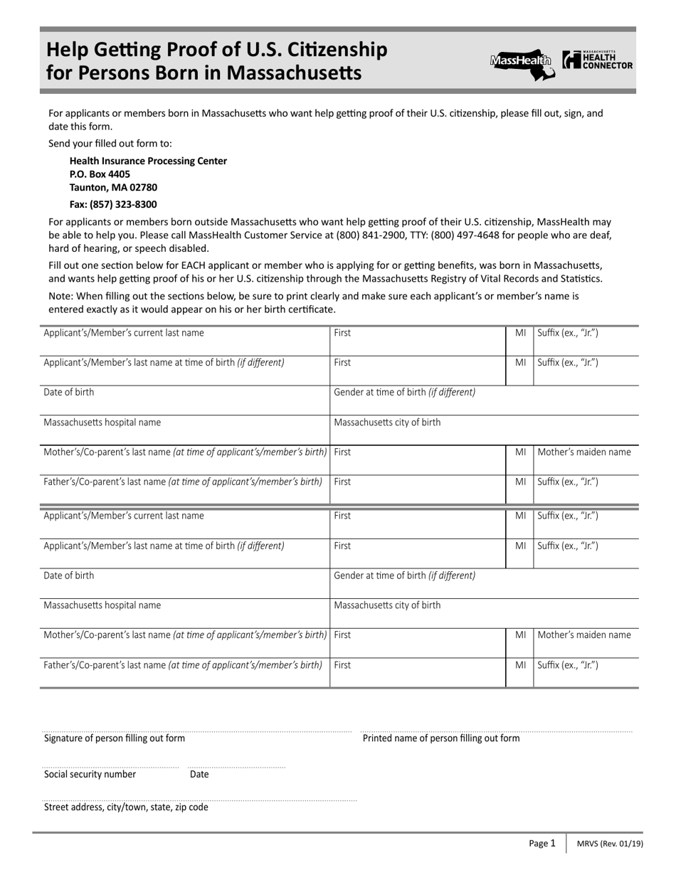 Form MVRS Help Getting Proof of U.S. Citizenship for Persons Born in Massachusetts - Massachusetts, Page 1