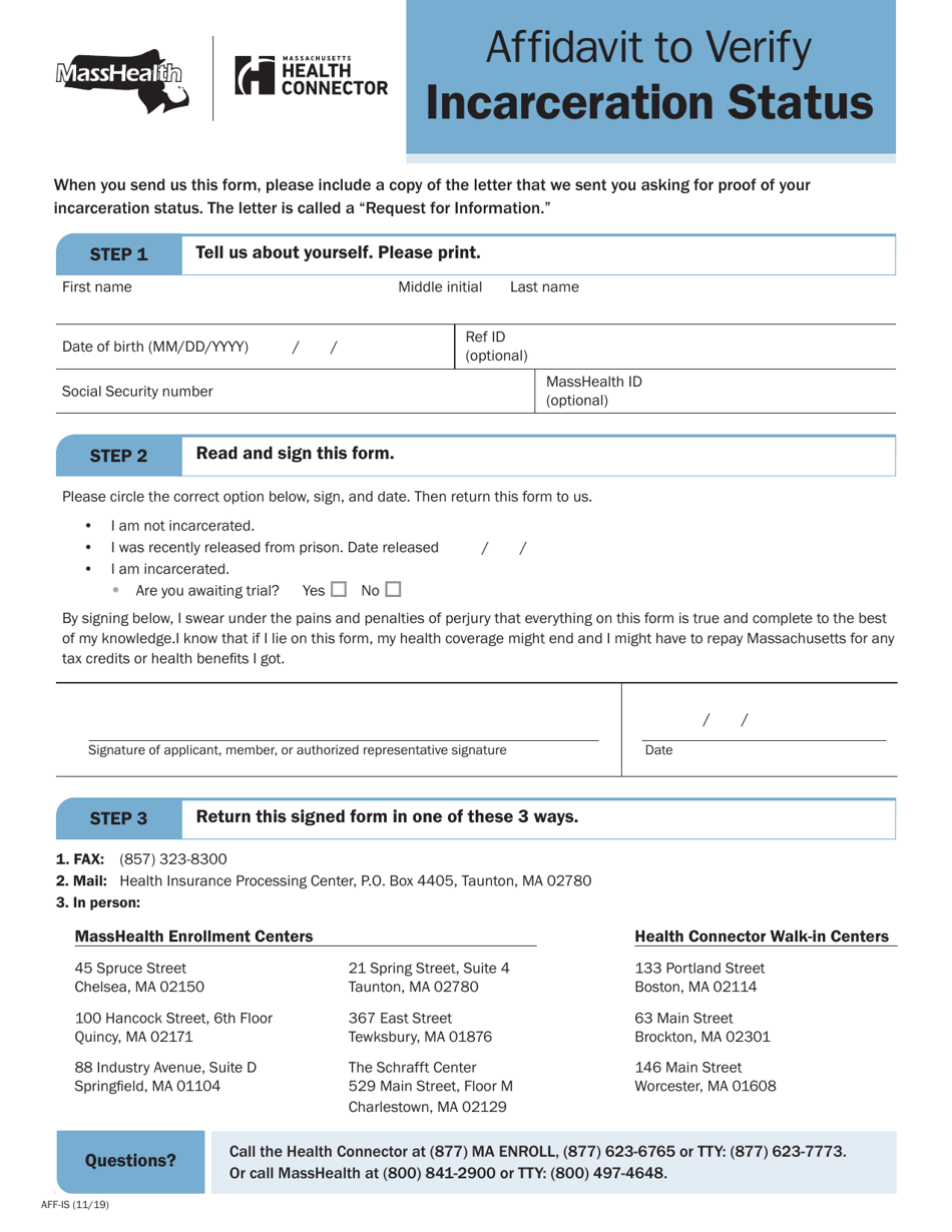 Form AFF-IS Affidavit to Verify Incarceration Status - Massachusetts, Page 1