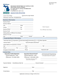 Form AH-261 Aquaculture Application - Michigan