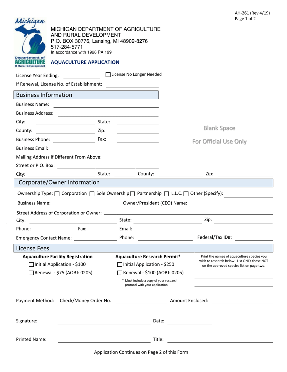 Form AH-261 Aquaculture Application - Michigan, Page 1