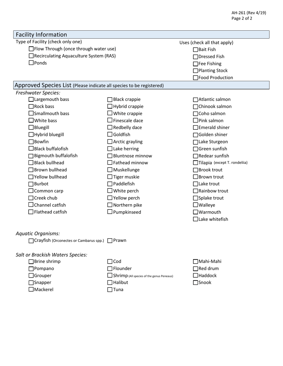 Form AH-261 Aquaculture Application - Michigan, Page 2