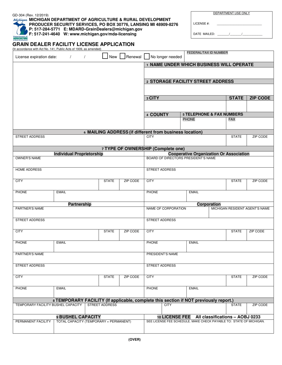 Form GD-304 Grain Dealer Facility License Application - Michigan, Page 1