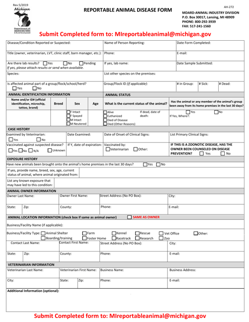 Form AH-272 Reportable Animal Disease Form - Michigan