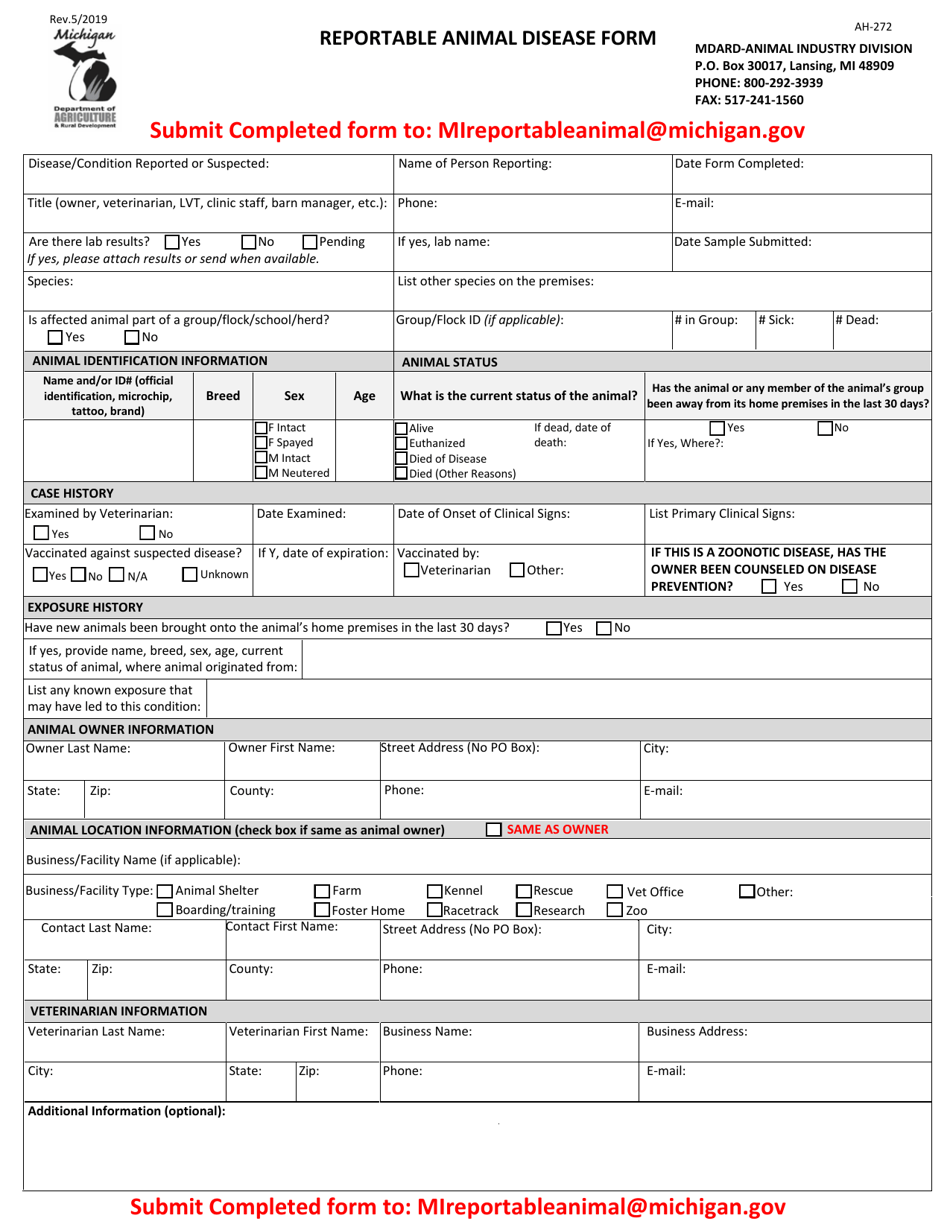 Form AH-272 Download Fillable PDF or Fill Online Reportable Animal Disease  Form Michigan | Templateroller