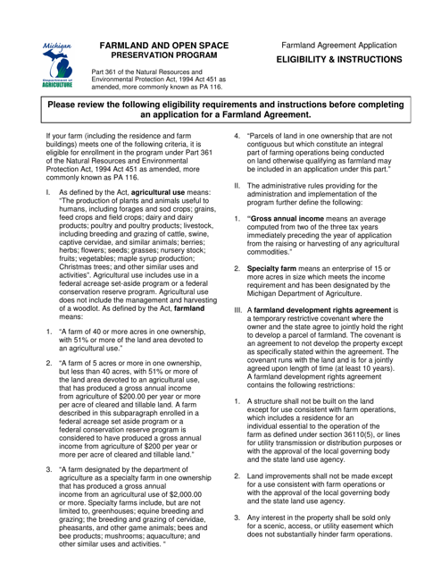 Instructions for Farmland Agreement Application - Michigan Download Pdf