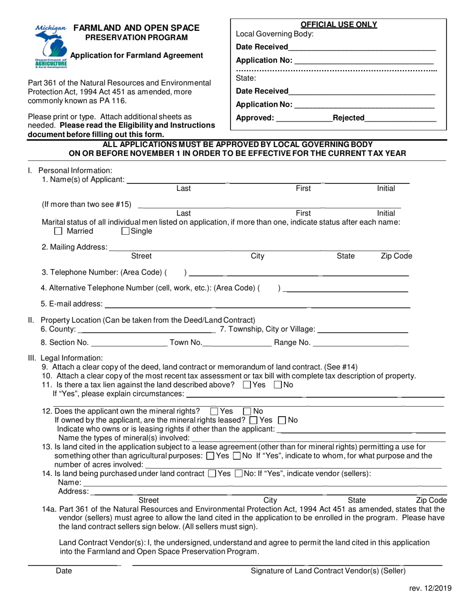 Application for Farmland Agreement - Michigan, Page 1