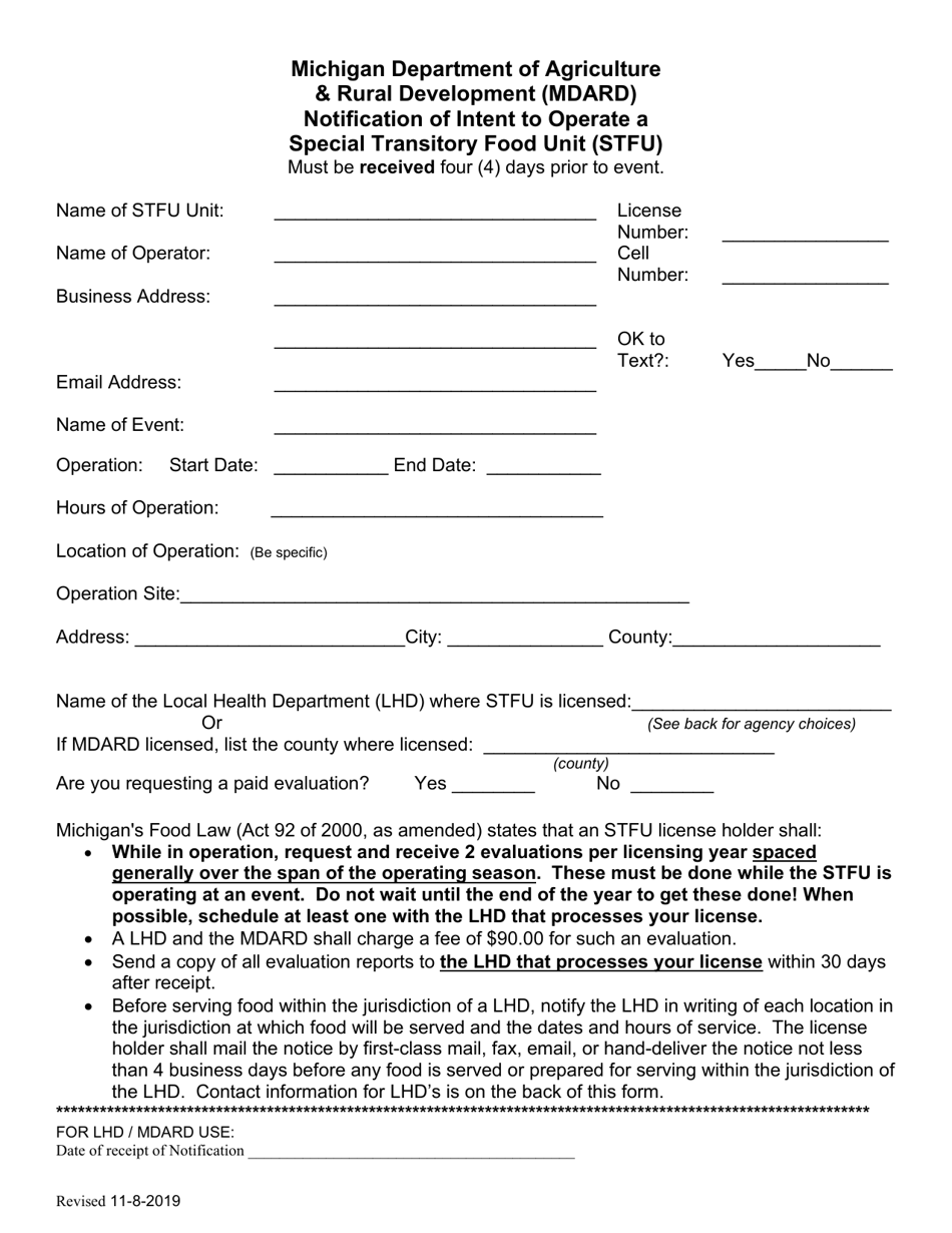 Notification of Intent to Operate a Special Transitory Food Unit (Stfu) - Michigan, Page 1