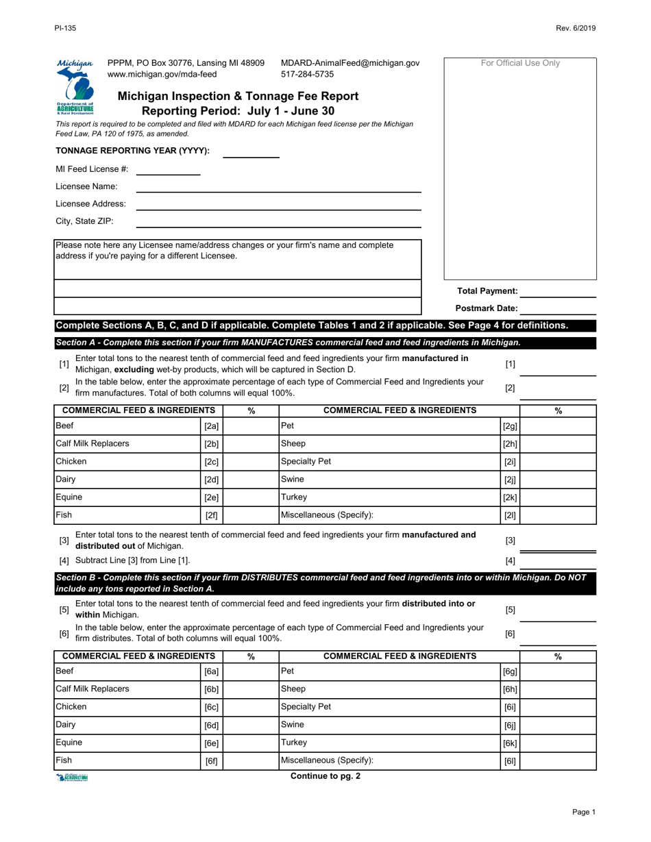 Form PI-135 Michigan Inspection  Tonnage Fee Report - Michigan, Page 1