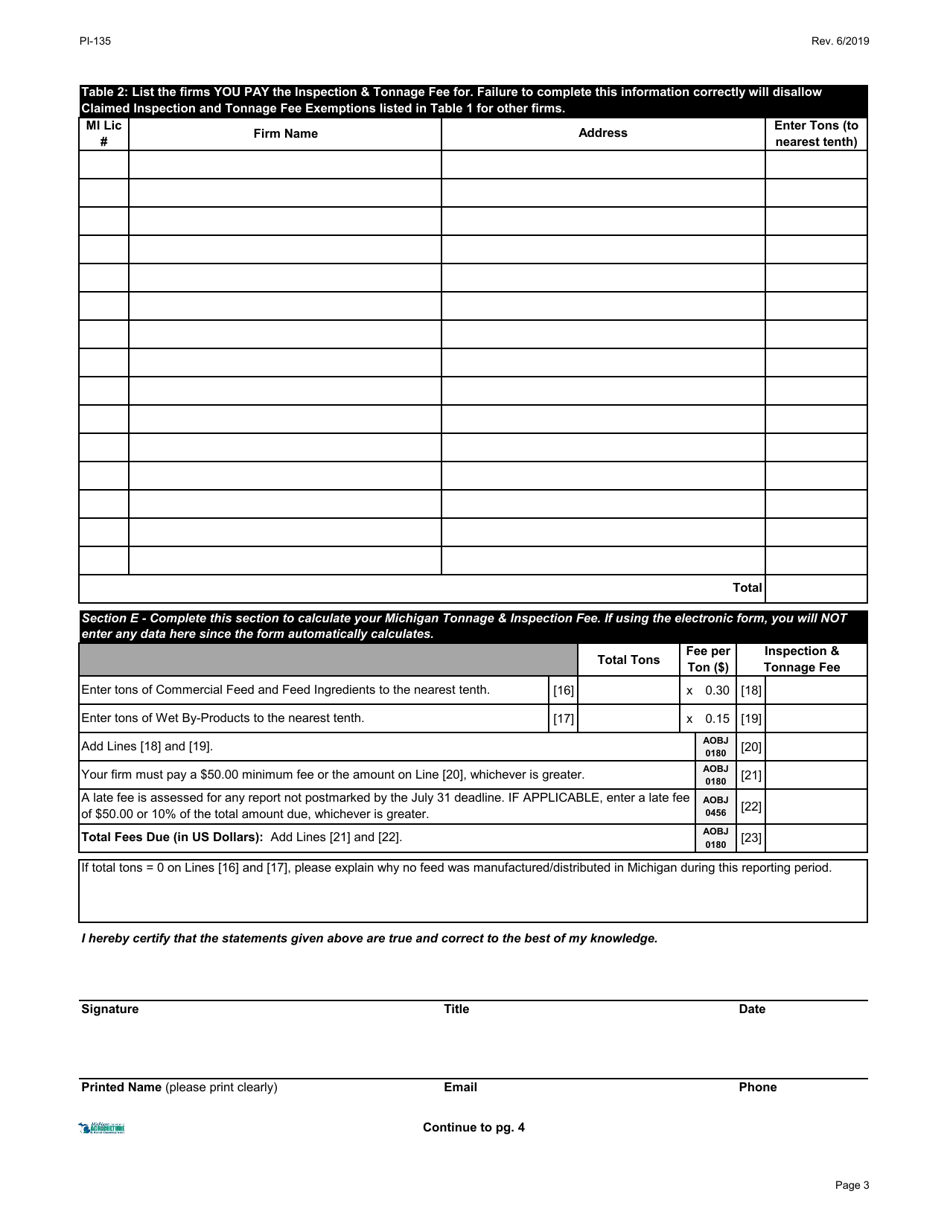 Form PI-135 Michigan Inspection  Tonnage Fee Report - Michigan, Page 3