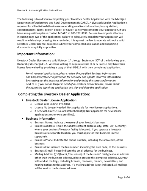 Instructions for Form AH-047 Livestock Dealer License Application - Michigan