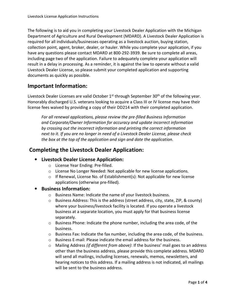 Instructions for Form AH-047 Livestock Dealer License Application - Michigan, Page 1