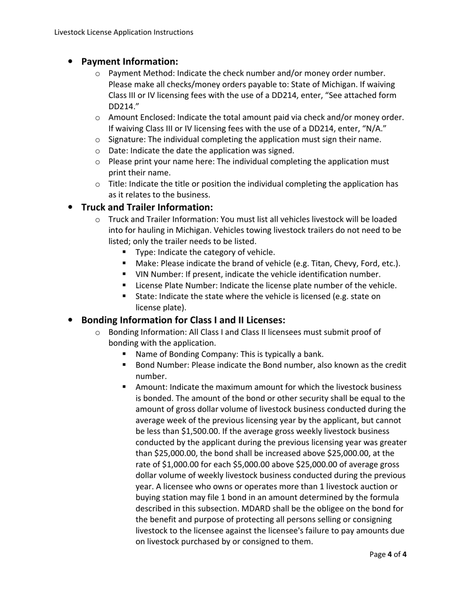 Instructions for Form AH-047 Livestock Dealer License Application - Michigan, Page 4