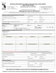 Form AH-010 Michigan Pet Health Certificate - Michigan