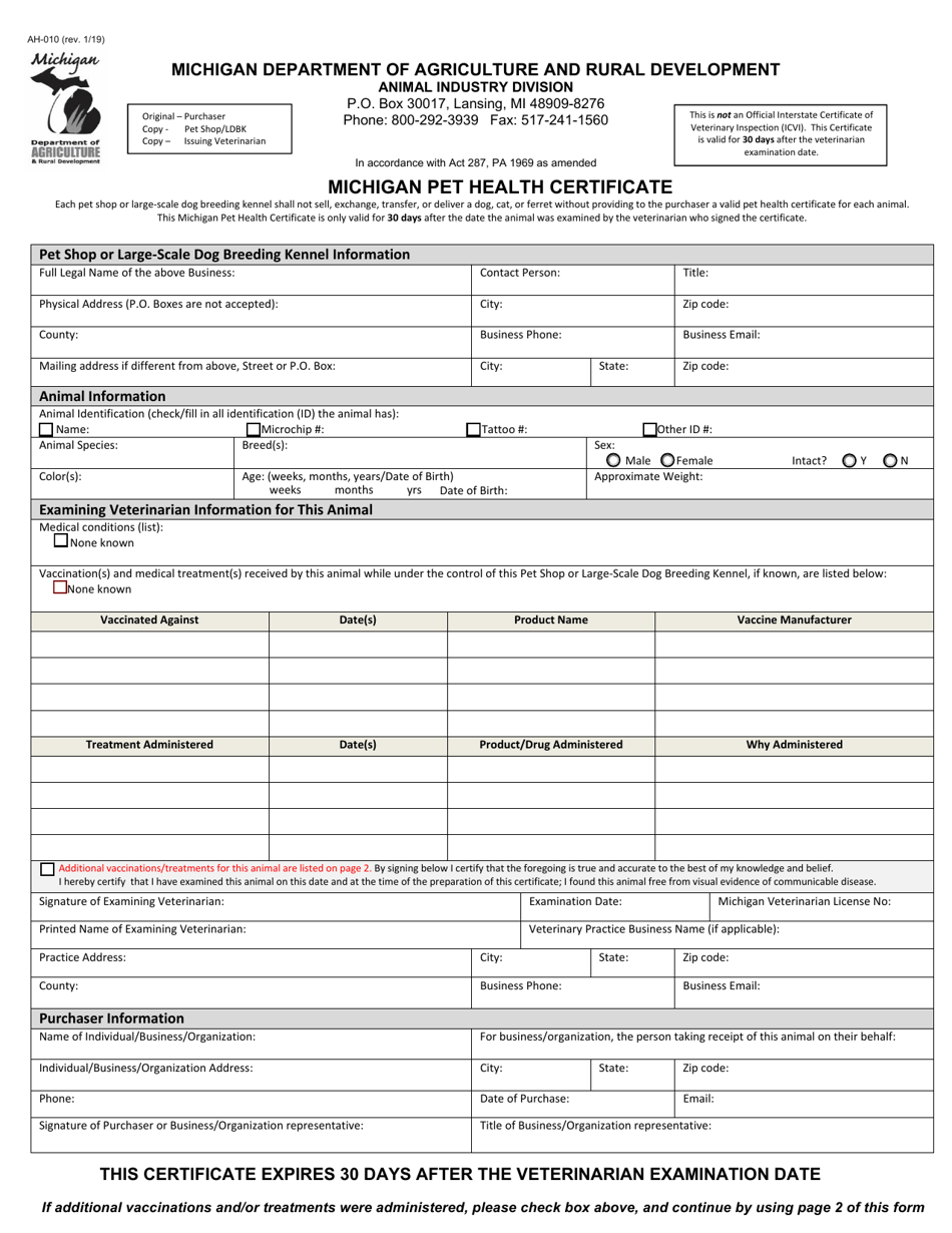 Form AH-010 Michigan Pet Health Certificate - Michigan, Page 1