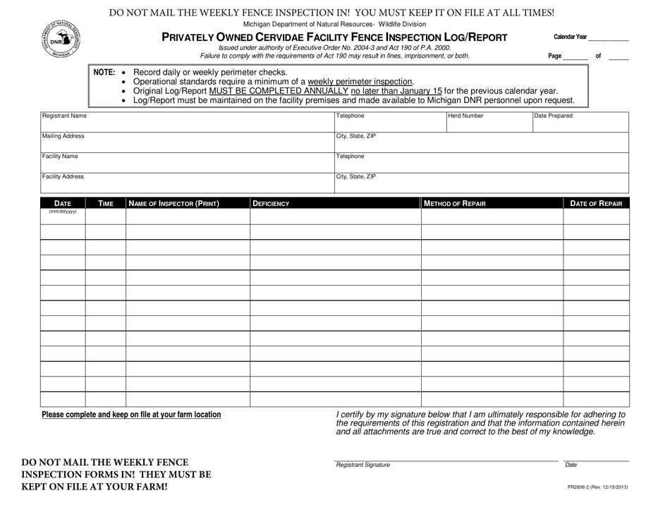 Form PR2606-2 Privately Owned Cervidae Facility Fence Inspection Log / Report - Michigan, Page 1