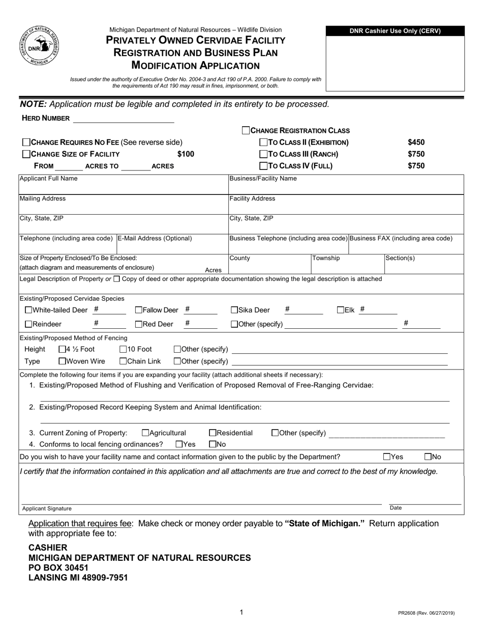 Form PR2608 Privately Owned Cervidae Facility Registration and Business Plan Modification Application - Michigan, Page 1