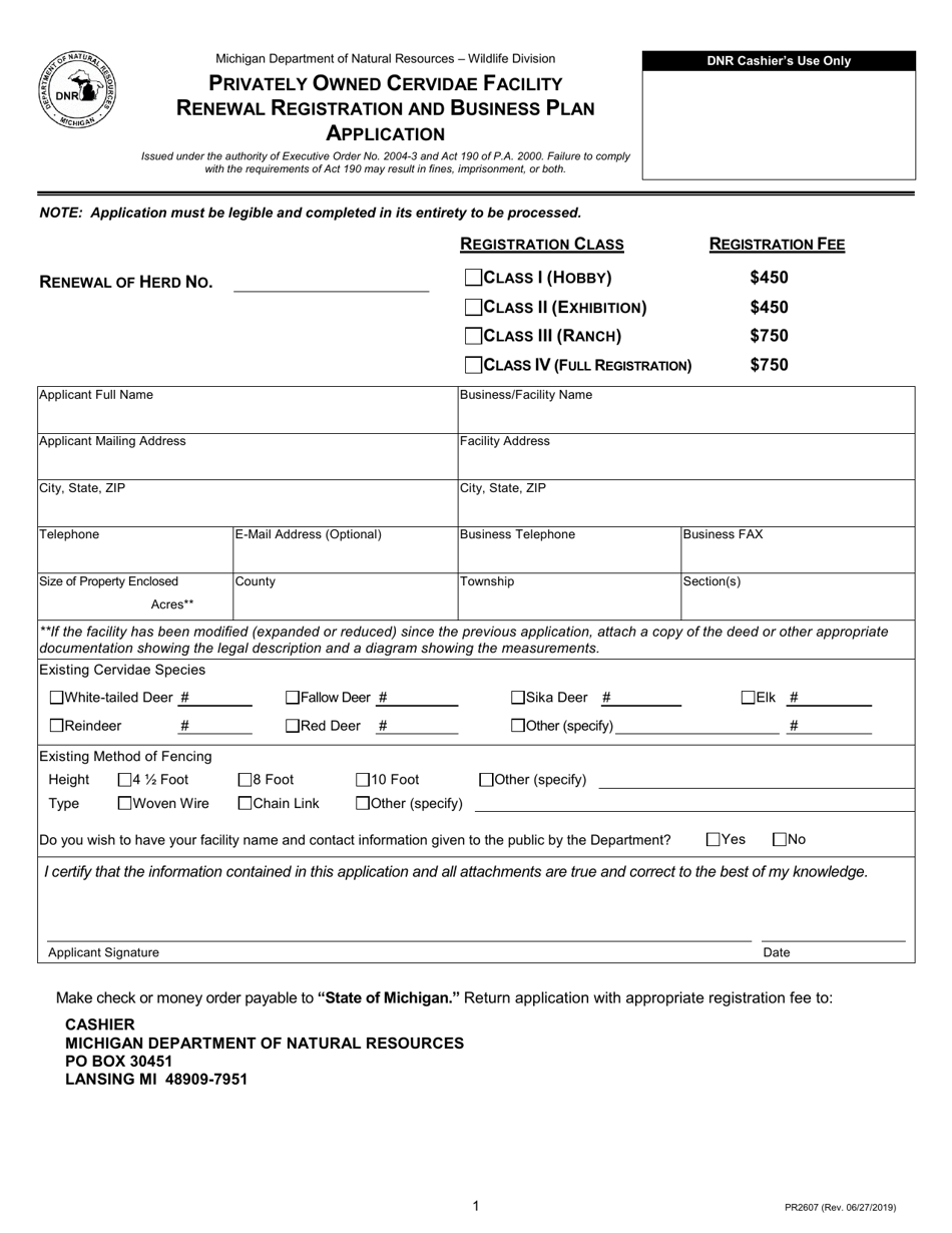 Form PR2607 Privately Owned Cervidae Facility Renewal Registration and Business Plan Application - Michigan, Page 1