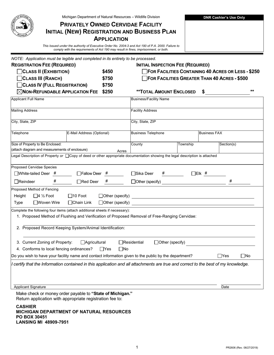Form PR2606 Privately Owned Cervidae Facility Initial (New) Registration and Business Plan Application - Michigan, Page 1