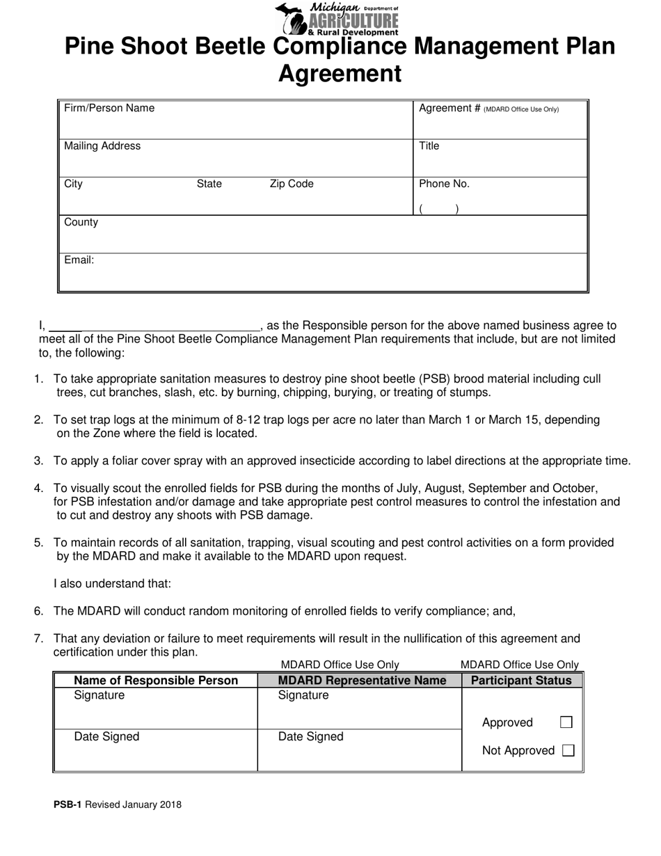 Form PSB-1 Pine Shoot Beetle Compliance Management Plan Agreement - Michigan, Page 1